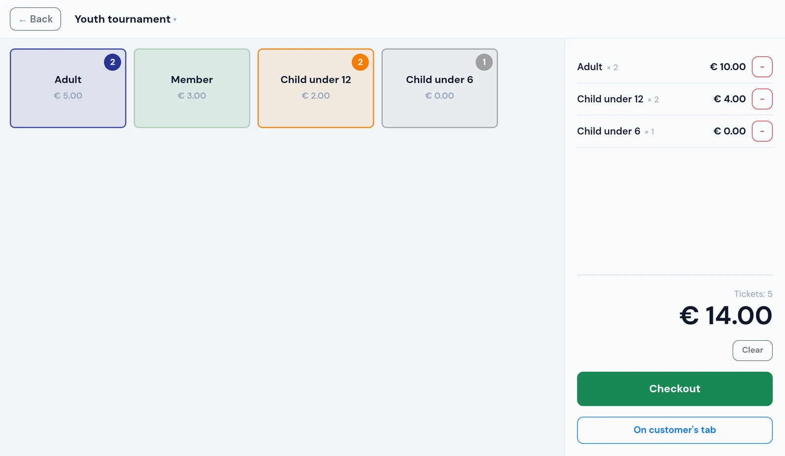 Serve POS admission — tap a tariff once per visitor, see the running total