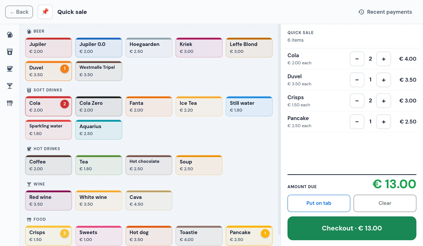 Serve POS: productknoppen met prijzen en een lopende bestelling