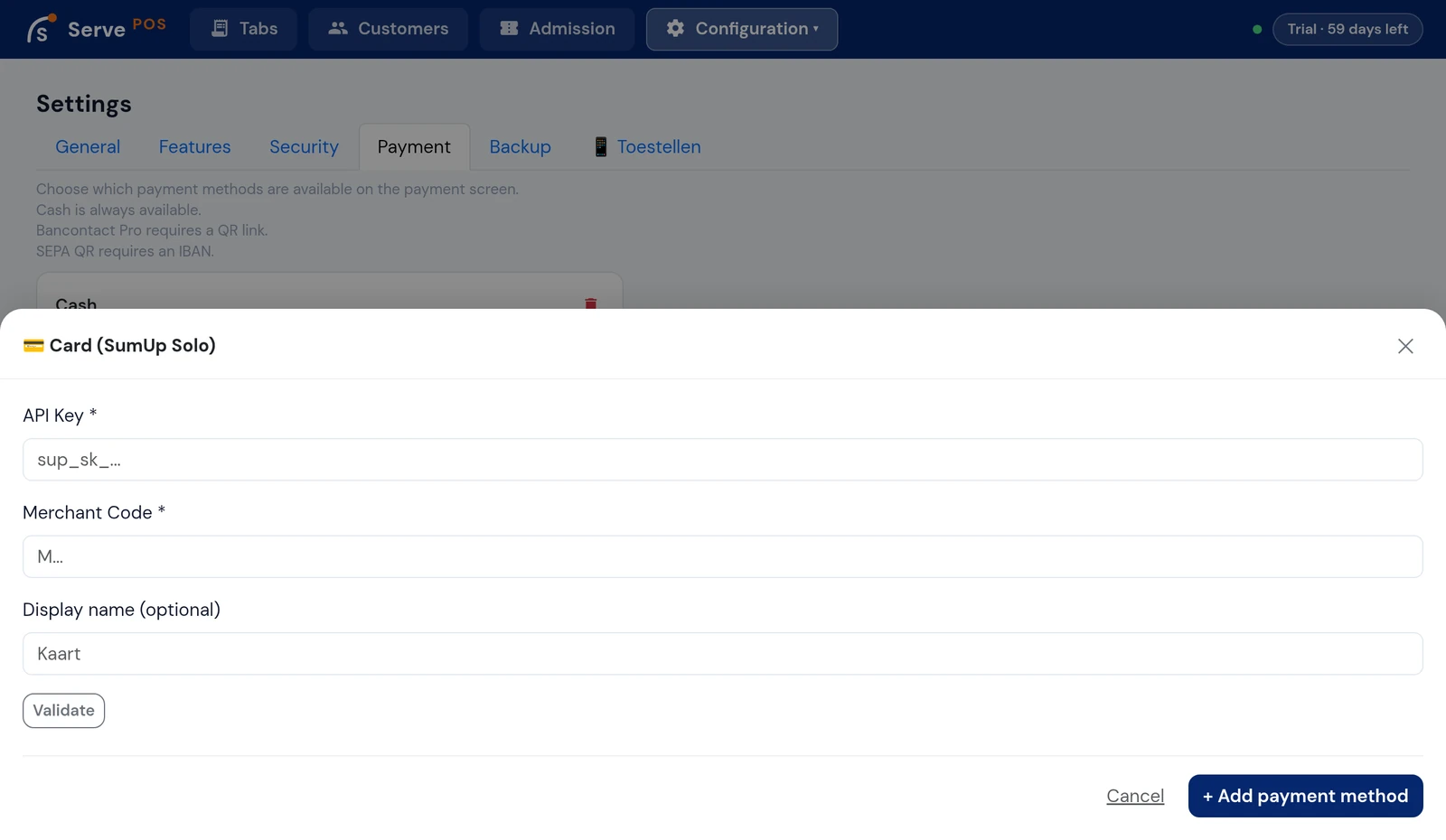 ServePos Card (SumUp Solo) form with API key and merchant code