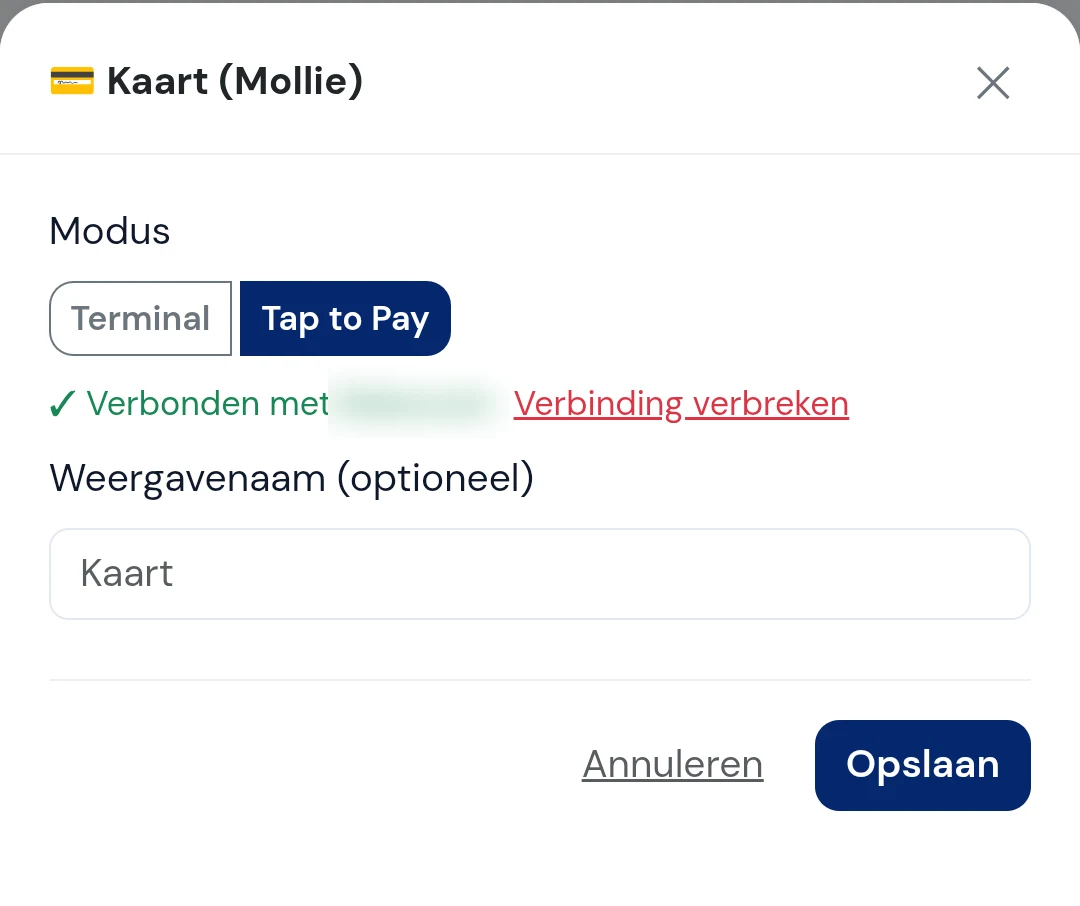 ServePos Card (Mollie) form: mode Tap to Pay, connected to Mollie