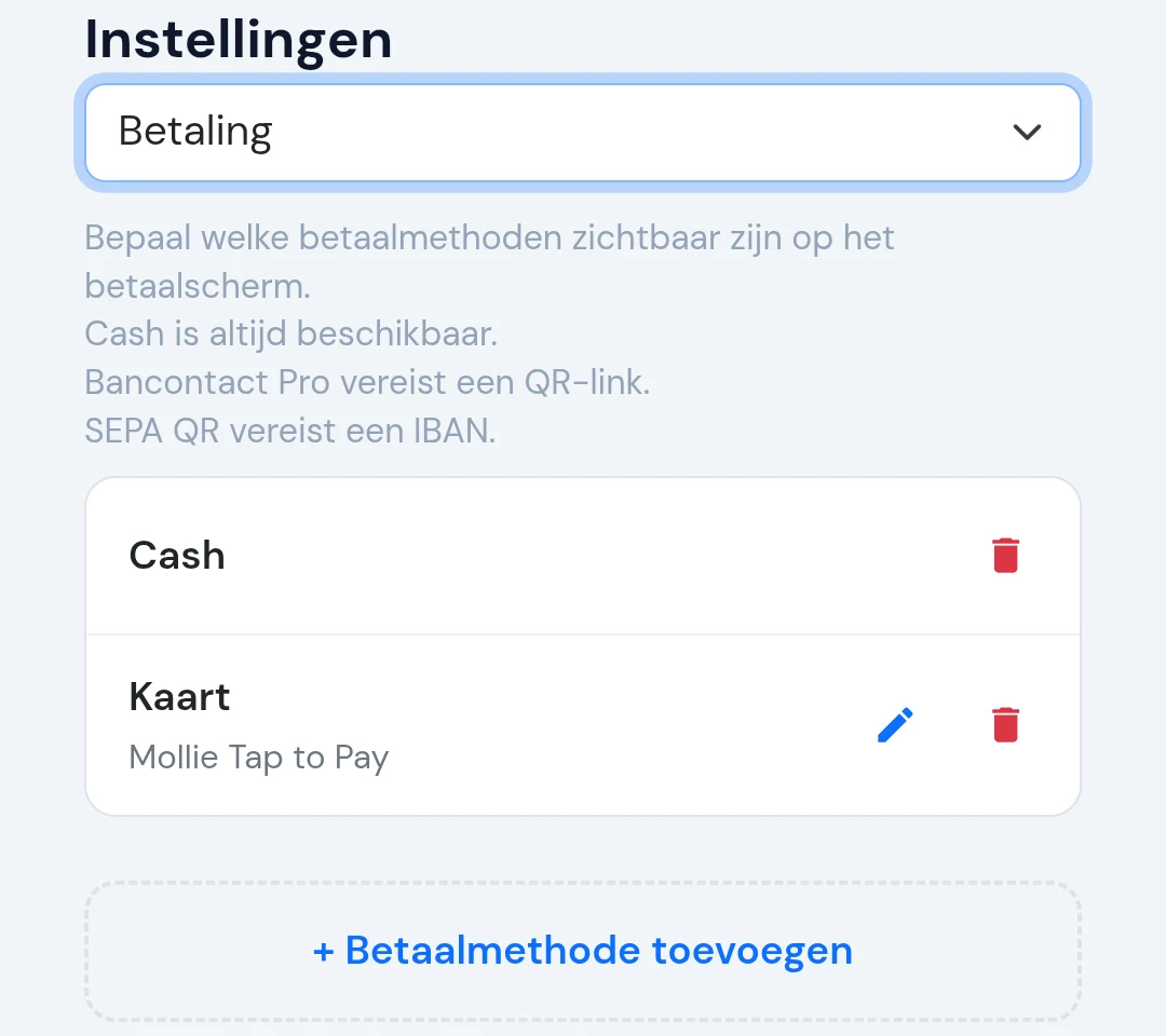 ServePos settings: payment methods Cash and Card (Mollie Tap to Pay)